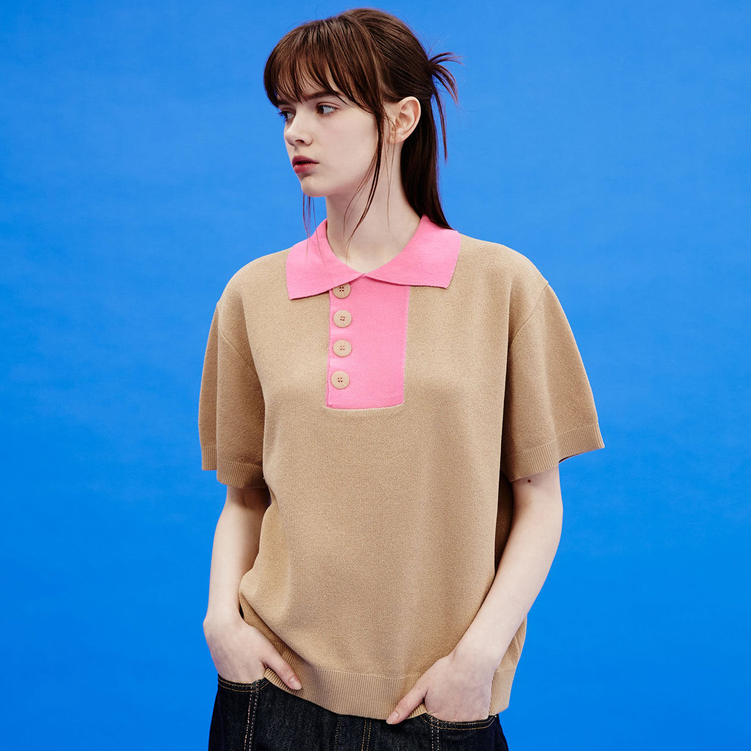 韓國WAIKEI - Two-tone Collar Short-sleeved Knit Beige