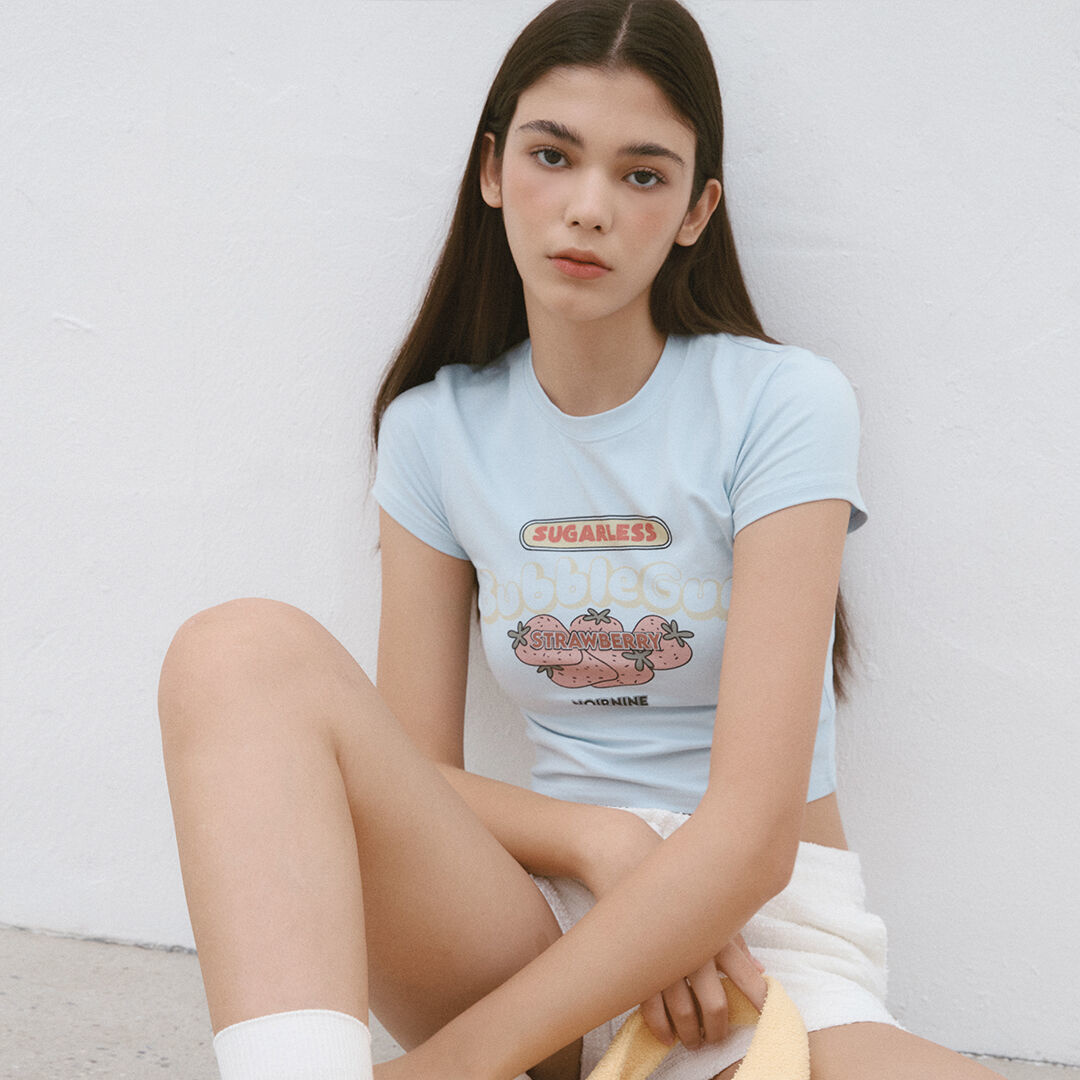 韓國NOIRNINE - Bubble Gum Crop T-shirts [BLUE] 
