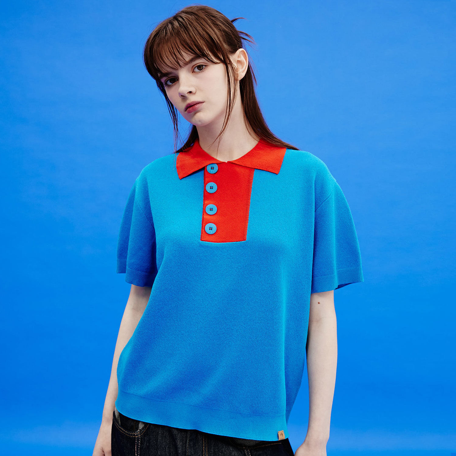 韓國WAIKEI - Two-tone Collar Short Sleeve Knit Blue