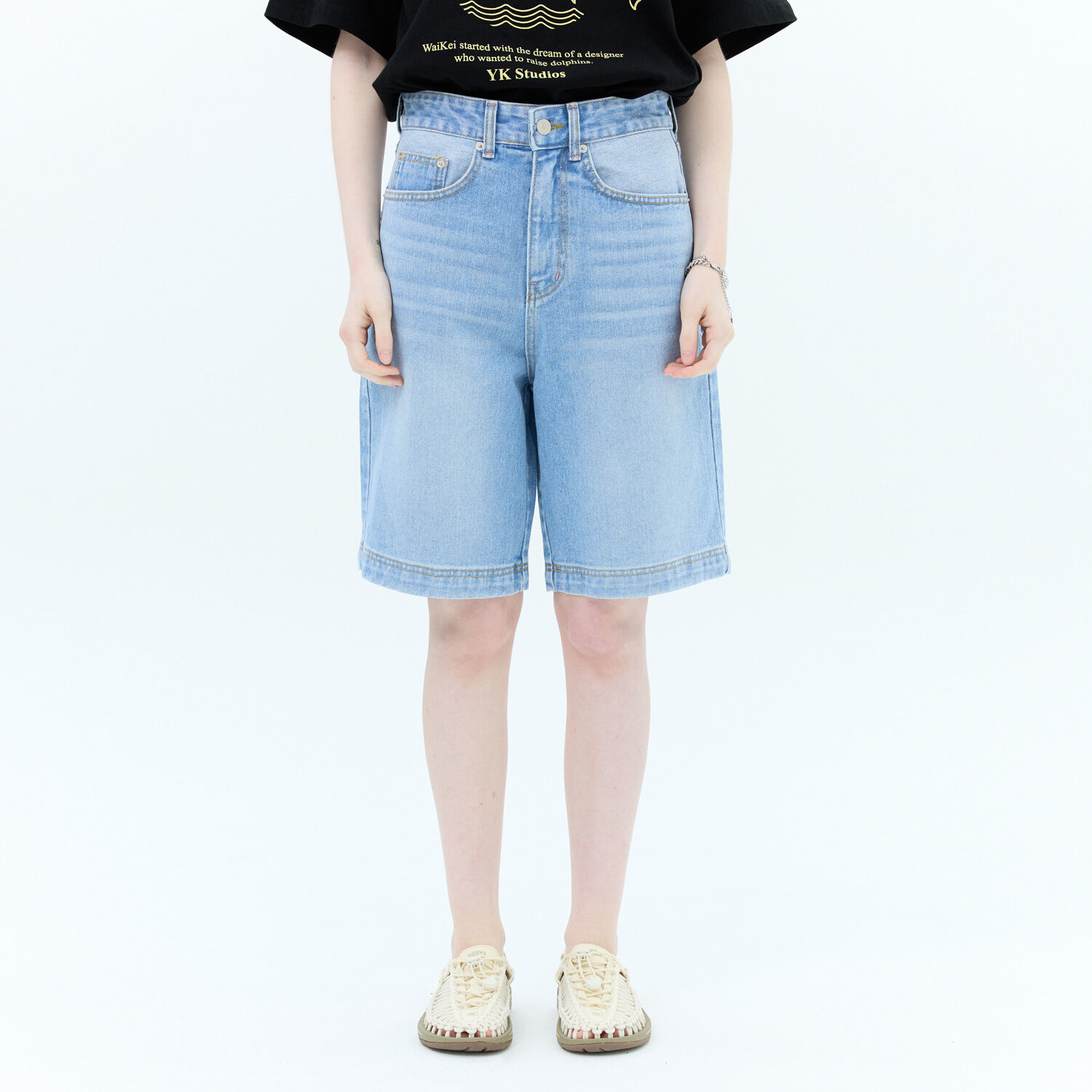 韓國WAIKEI - Double Pocket Denim Short Pants Light Blue