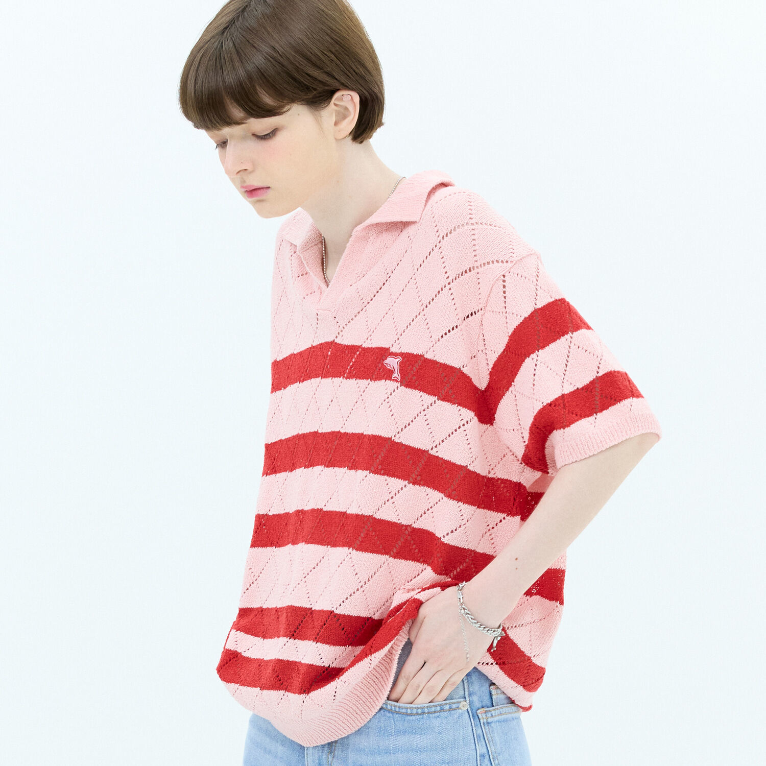 韓國WAIKEI - [Highlight Yang Yoseob/CIX Seunghun Wearing] Stripe Scarf Short Sleeve Knit Pink