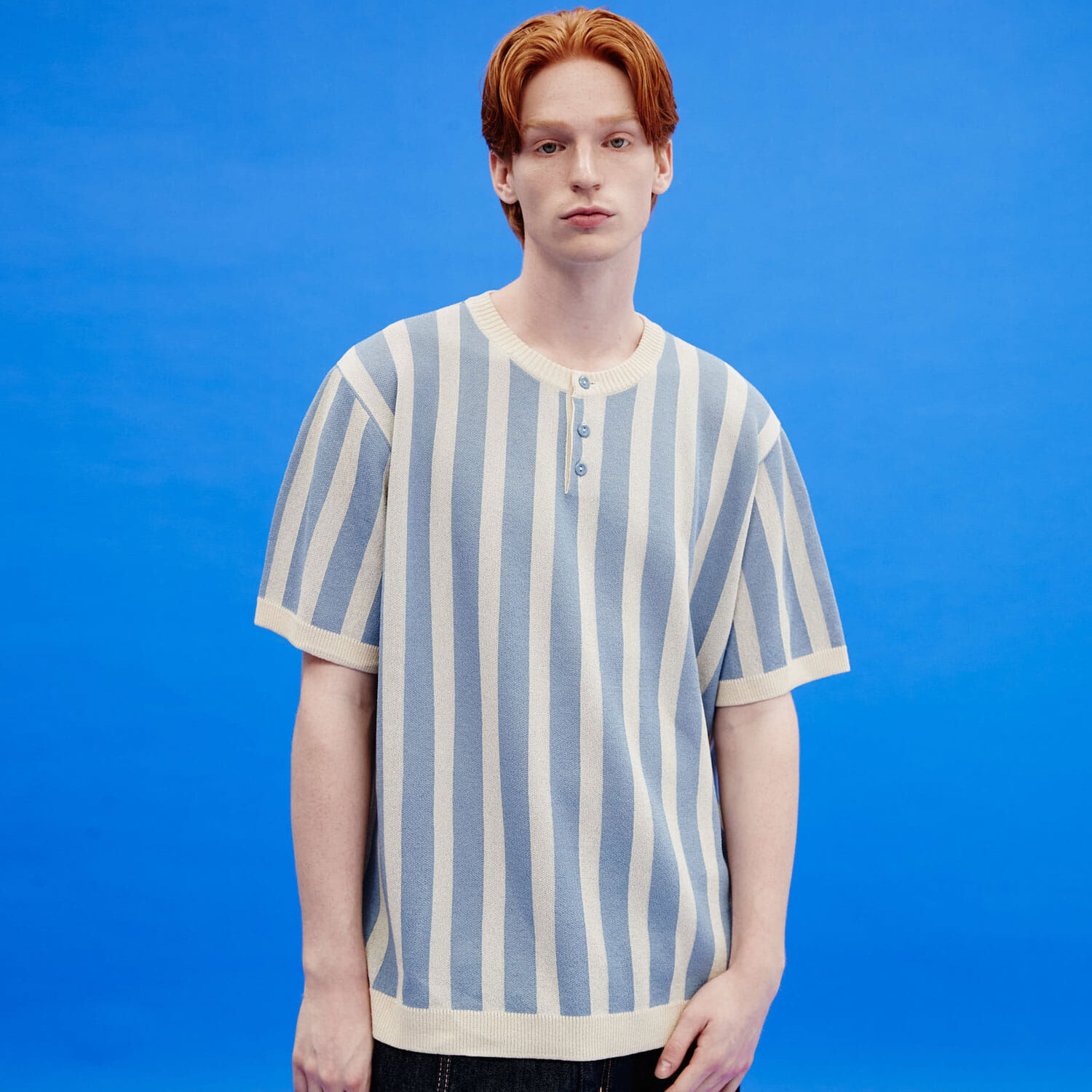 韓國WAIKEI - Stripe Henley Neck Short Sleeve Knit Sky Blue