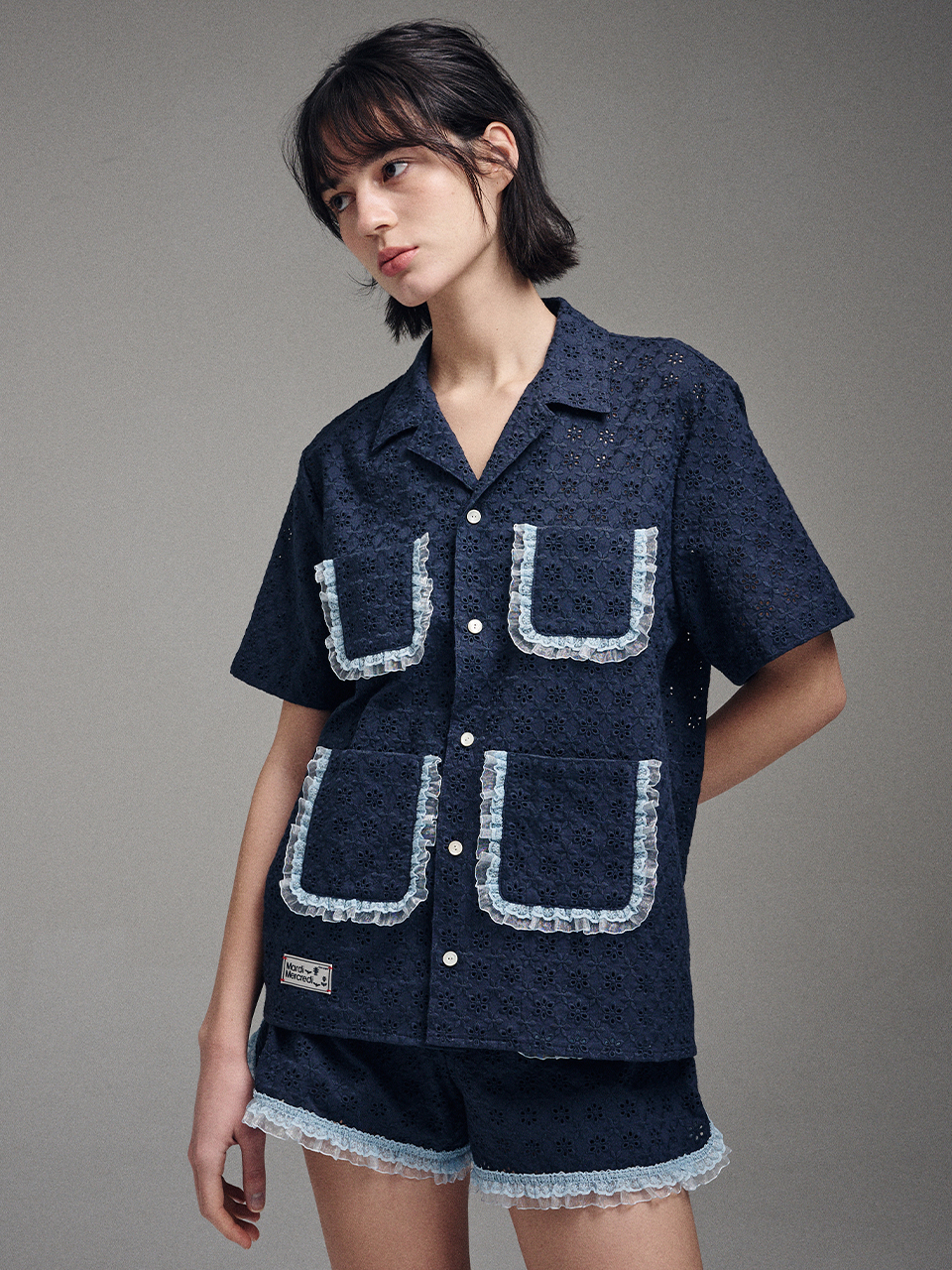 Mardi Mercredi - SHIRT HALF SLEEVE EYELET FRILL_NAVY - MARDI MERCREDI | 마르디 메크르디