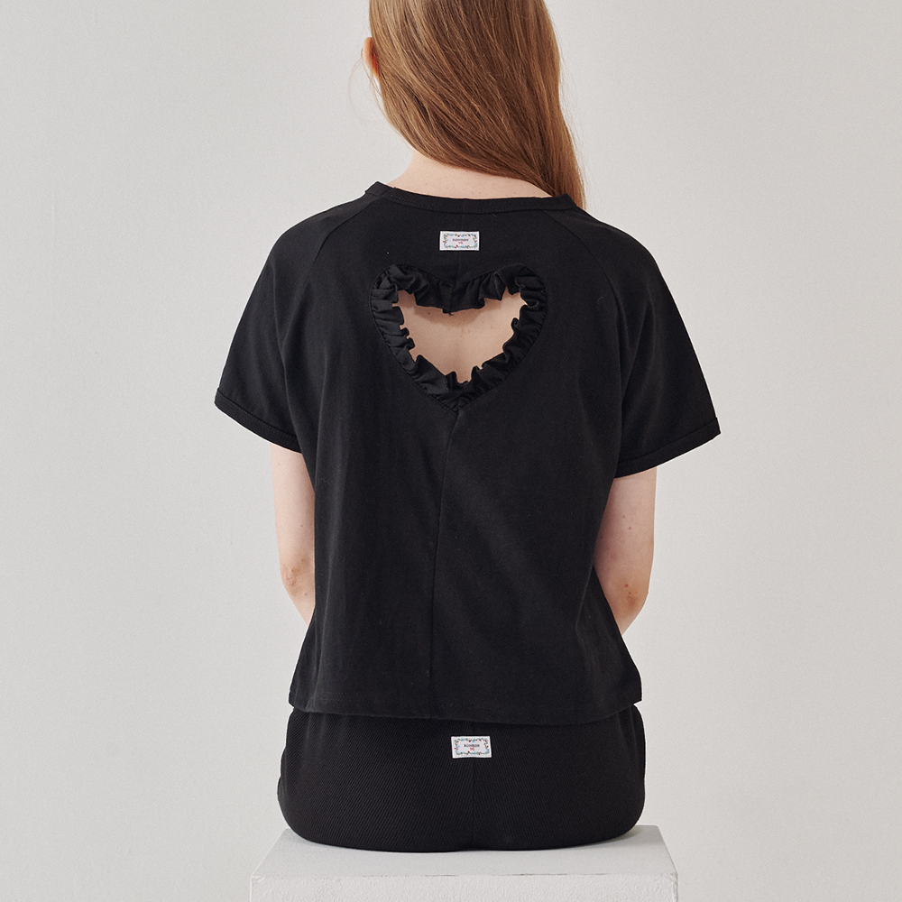 ◆RONRON◆ RUFFLE HEART CUT OUT PUFF SLEEVE HALF T SHIRT BLA 韓國RON RON - RUFFLE HEART CUT OUT PUFF SLEEVE HALF T SHIRT