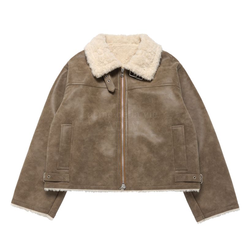 韓國直送 ADLV - HIGHNECK VINTAGE CRACK VEGAN LEATHER MOUTON JACKET5