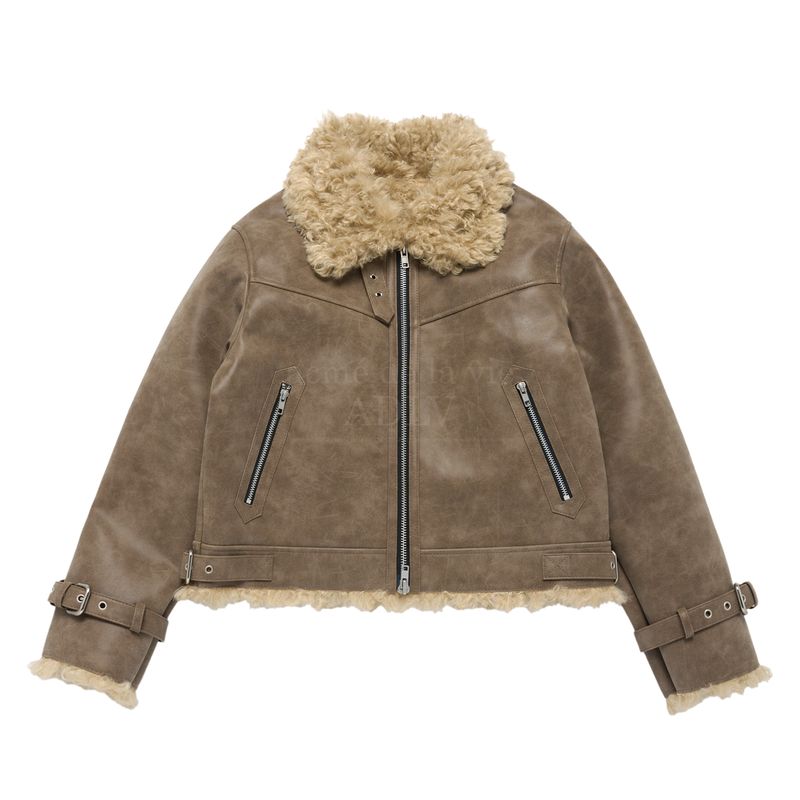 韓國直送 ADLV - HIGHNECK VINTAGE CRACK VEGAN LEATHER CROP MOUTON JACKET5