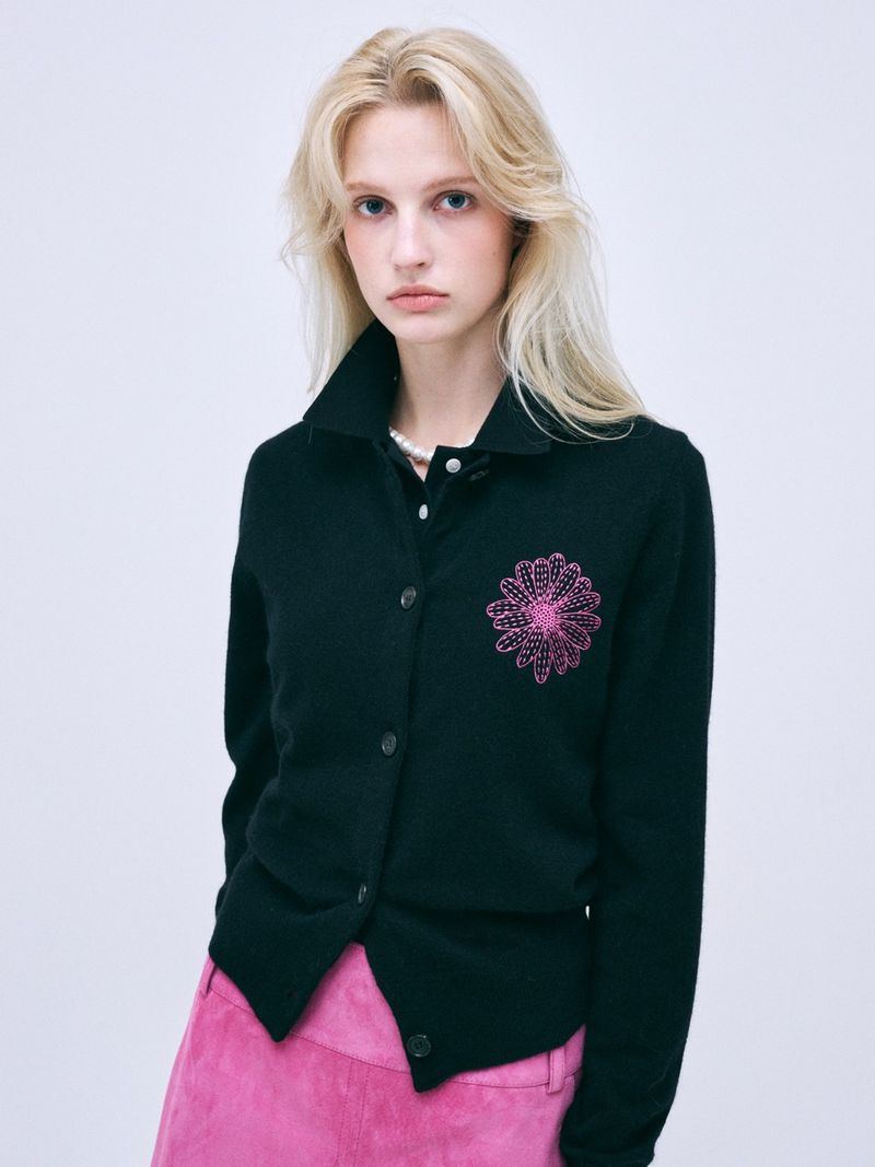 Mardi Mercredi - RACCOON BLENDED CARDIGAN ROUND NECK_BLACK FUCHSIA 