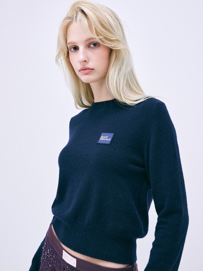 Mardi Mercredi - CASHMERE BLENDED ROUND NECK SQUARE LOGO_NAVY - MARDI MERCREDI