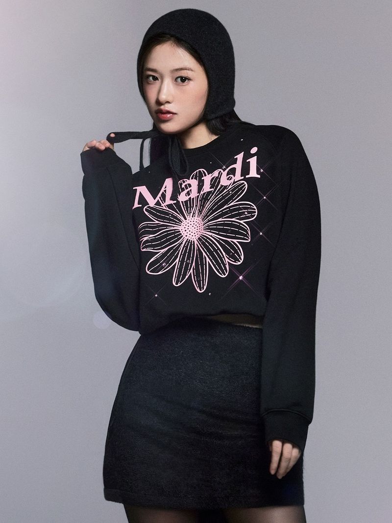 Mardi Mercredi - SWEATSHIRT RAGLAN FLOWERMARDI STONE EMBELLISHED_BLACK PINK