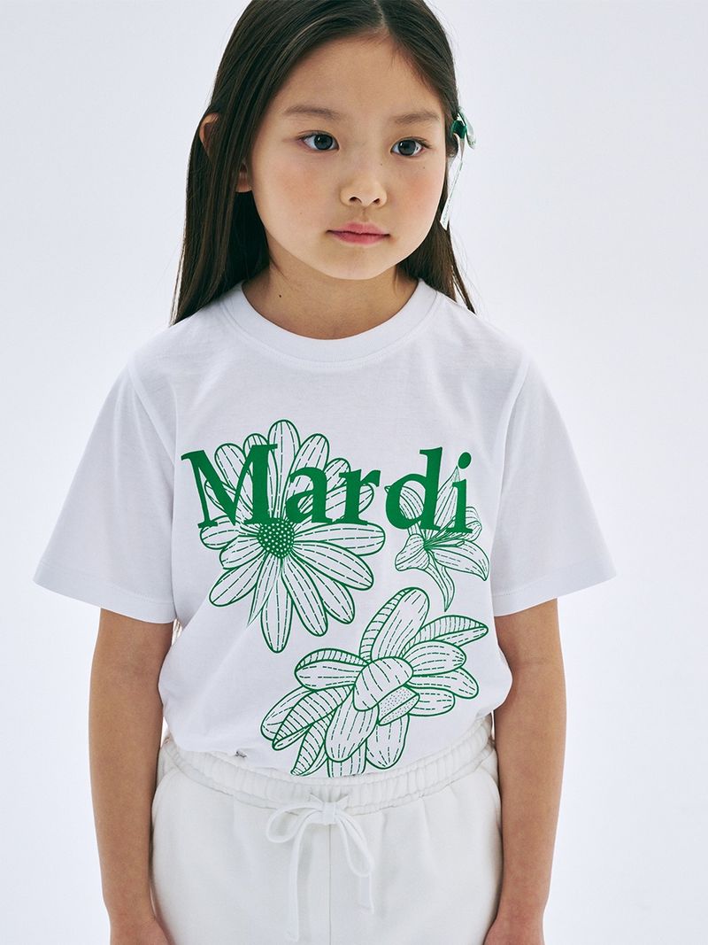 Mardi Mercredi - KIDS TSHIRT TRIPLE FLOWER_WHITE GREEN - MARDI MERCREDI | 마르디 메크르디