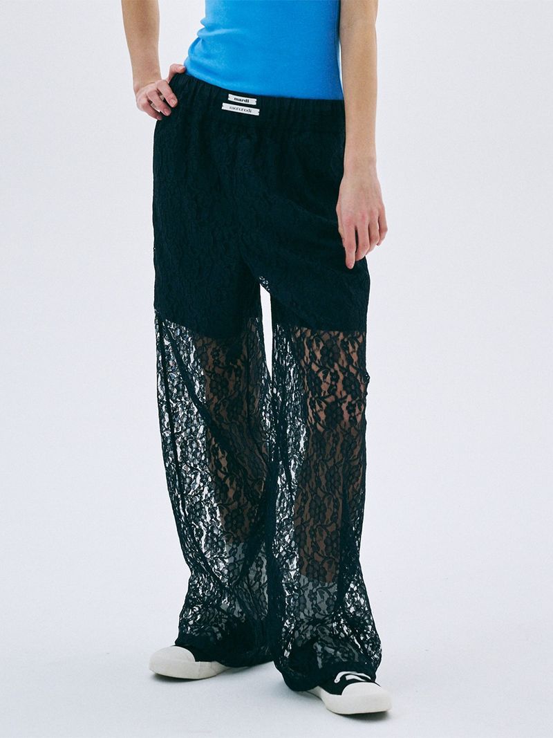 Mardi Mercredi - PANTS BRUSH LOGO FLOWER LACE_NAVY 