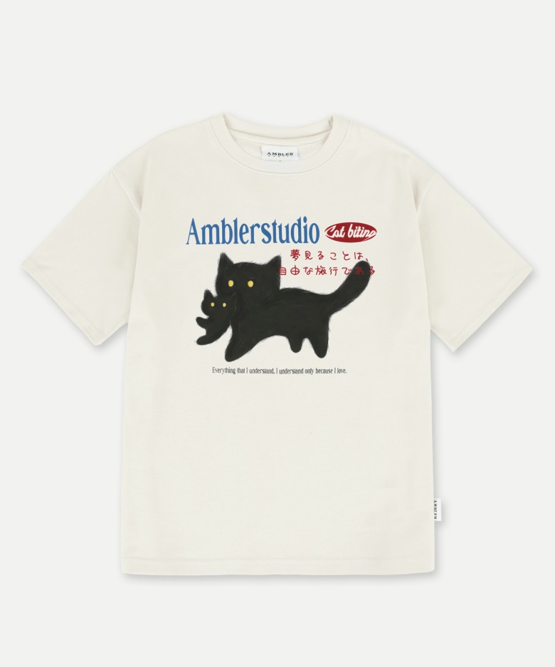 韓國 AMBLER - Unisex Cat Biting Graphic Short Sleeve T-shirt AS1206 (Ivory)