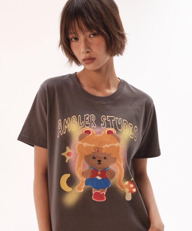 韓國 AMBLER - Unisex Sailor Bear Embroidered Short Sleeve T-Shirt AS1208 (Dark Grey) 