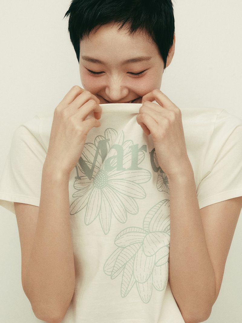 Mardi Mercredi - SLIM TSHIRT TRIPLE FLOWER_CREAM MOSSGREEN 