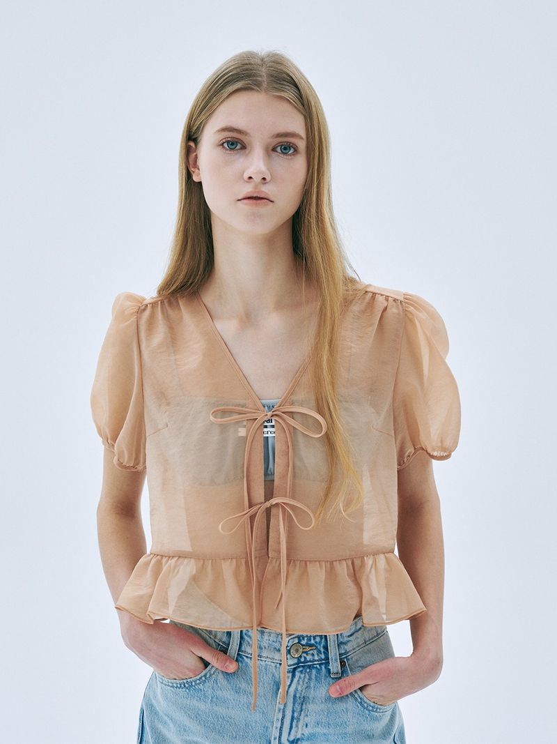 Mardi Mercredi - SHEER RIBBON BLOUSE HALF SLEEVE_BEIGE