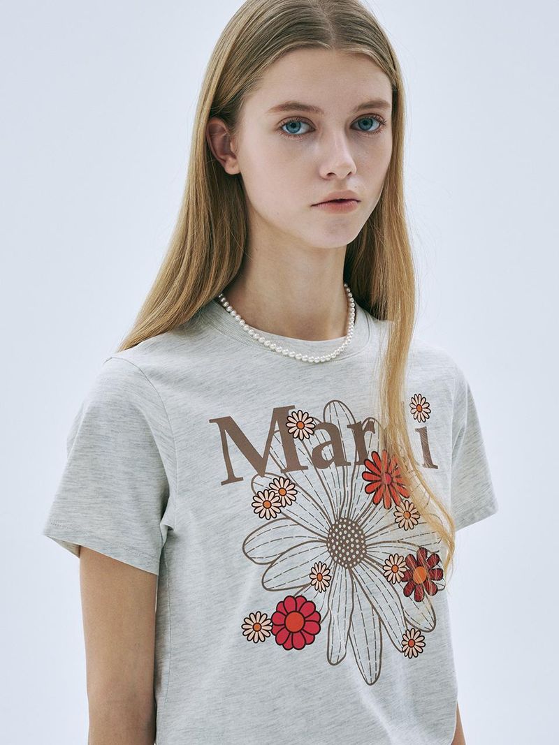 Mardi Mercredi - SLIM TSHIRT FLOWERMARDI BLOSSOM_OATMEAL TAUPE 