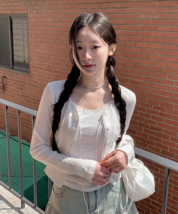 shopperland - [봄][벛꽃룩][레이어드]라블 여리 아일렛 펀칭 리본 레이스 가디건 (2color)♡韓國女裝外套