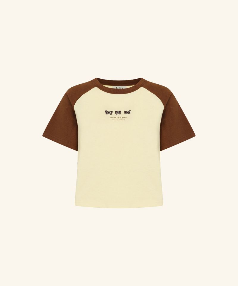 韓國 LETTER FROM MOON - Triple Butterfly Embroidery Raglan Crop T-Shirt ( Lemon )