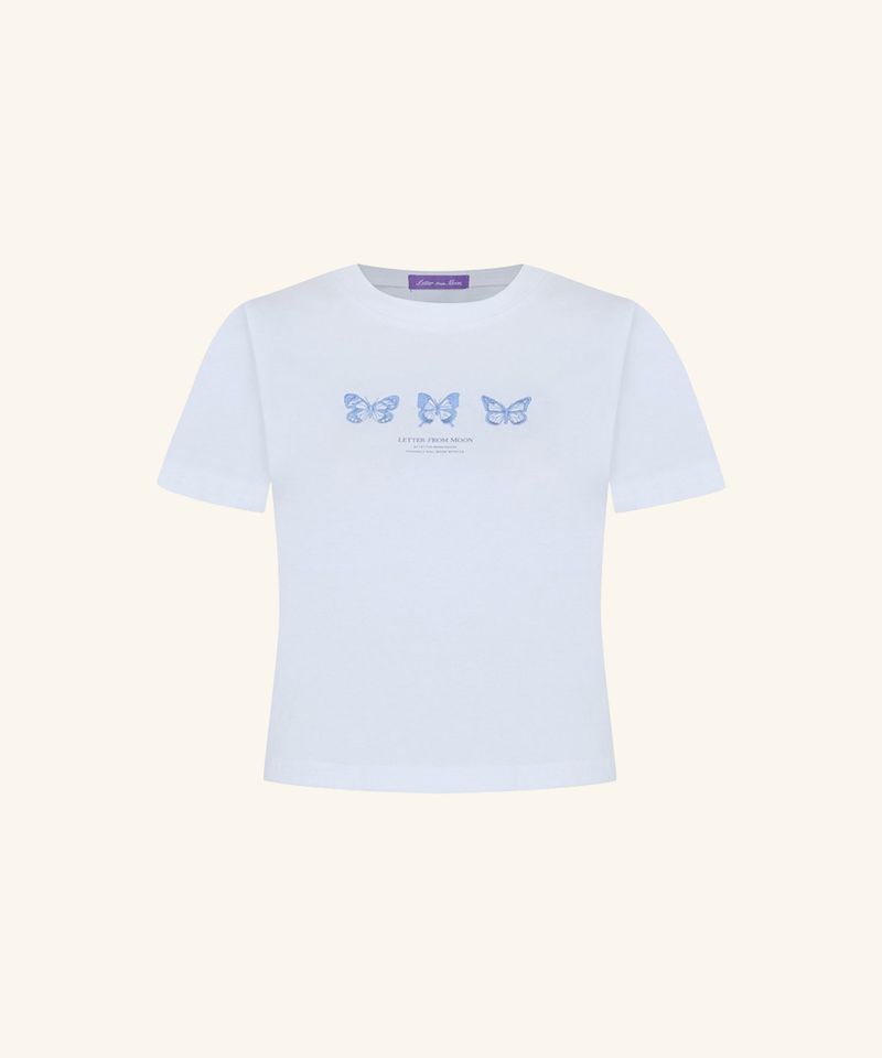 韓國 LETTER FROM MOON - Triple Butterfly Crop Short Sleeve T-shirts ( White & Blue )