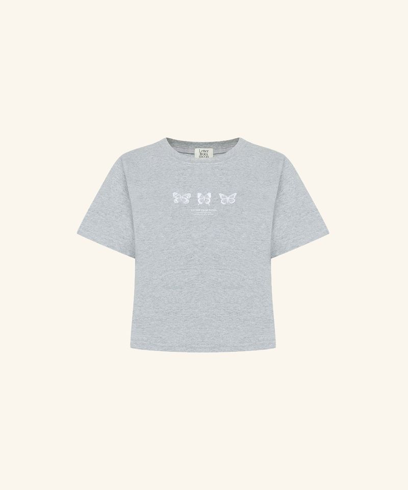 韓國 LETTER FROM MOON - Triple Butterfly Embroidery Short Sleeve T-Shirt ( Melange Grey )