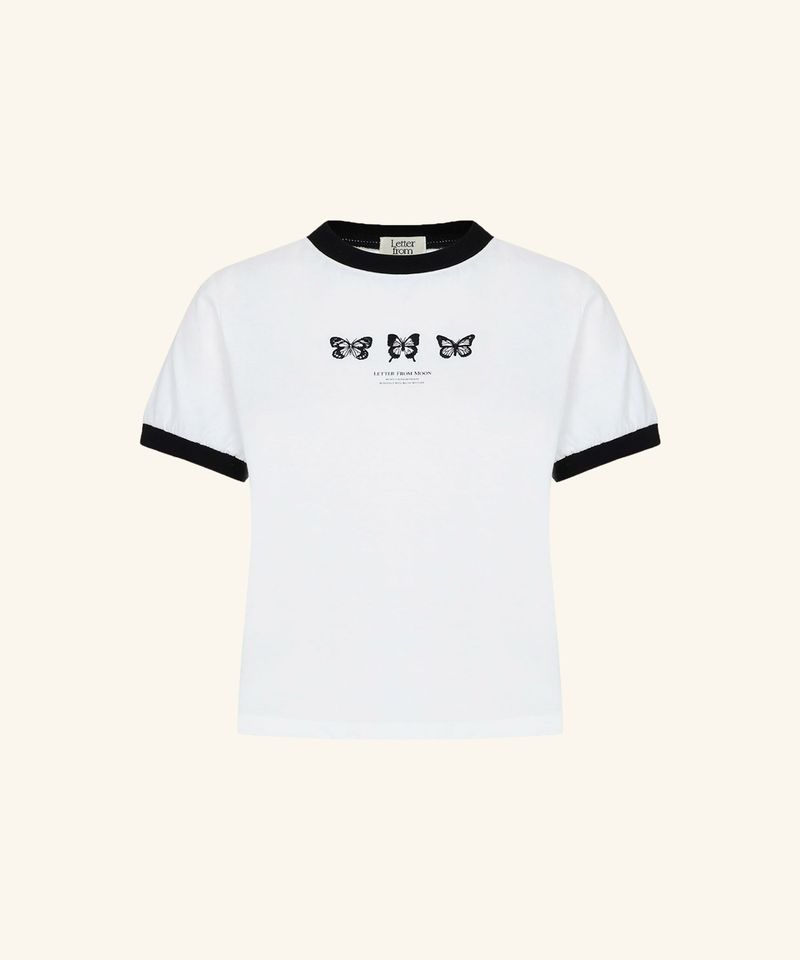 韓國 LETTER FROM MOON - Triple Butterfly Embroidery Ringer Crop T-Shirt ( Ivory )