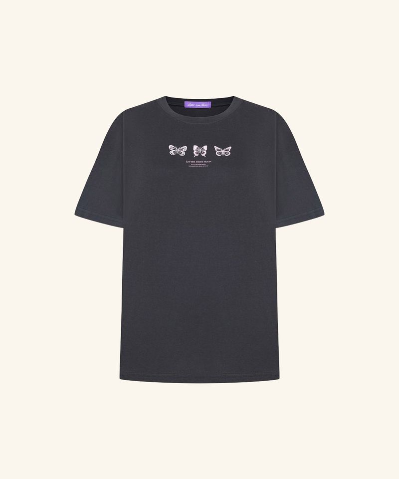 韓國 LETTER FROM MOON - Triple Butterfly Over-fit Short Sleeve T-shirts ( Charcoal )