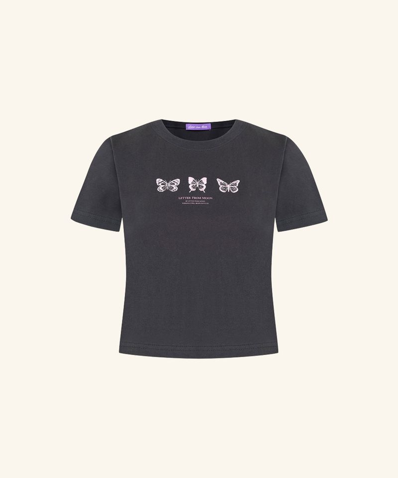 韓國 LETTER FROM MOON - Triple Butterfly Crop Short Sleeve T-shirts ( Charcoal )