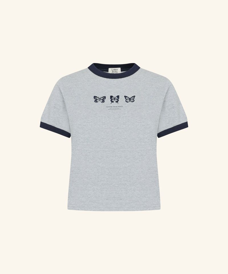 韓國 LETTER FROM MOON - Triple Butterfly Embroidery Ringer Crop T-Shirt ( Grey )