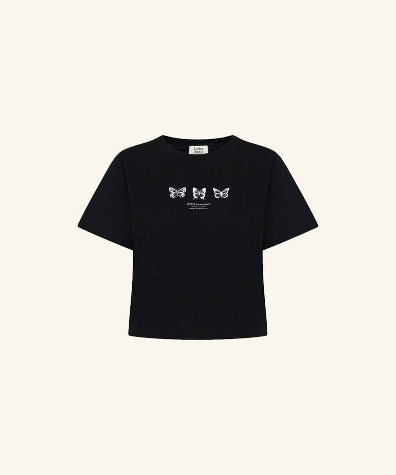 韓國 LETTER FROM MOON - Triple Butterfly Embroidery Short Sleeve T-Shirt ( Black )