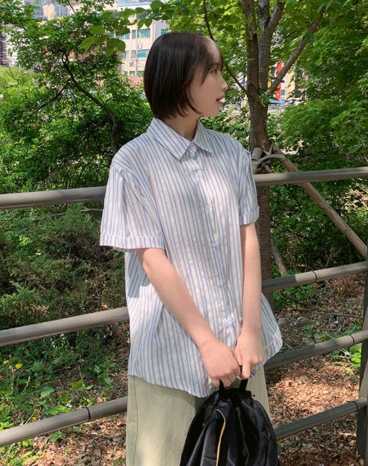 baon - 夏季條紋短袖襯衫♡韓國女裝上衣