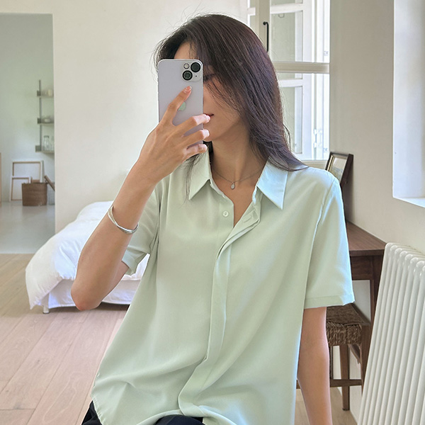 misscandy - 隱藏鈕扣短袖襯衫♡韓國女裝上衣