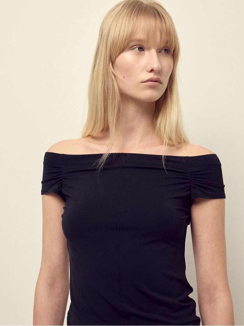Mardi Mercredi - OFF SHOULDER TOP DOUBLE LABEL SHIRRING_BLACK 
