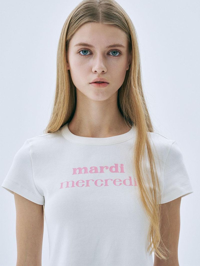 Mardi Mercredi - CROPPED FITTED TSHIRT DOUBLE LOGO_IVORY PINK