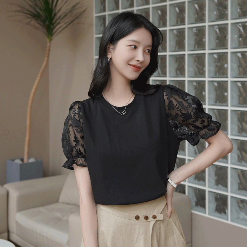 clicknfunny - 點擊與趣 - 蕾絲泡袖T恤♡韓國女裝上衣