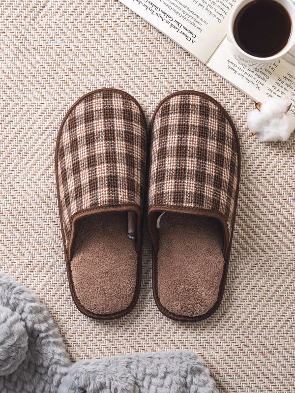 韓國 DAISO - 彈性格子室內拖鞋 棕色♡鞋子
