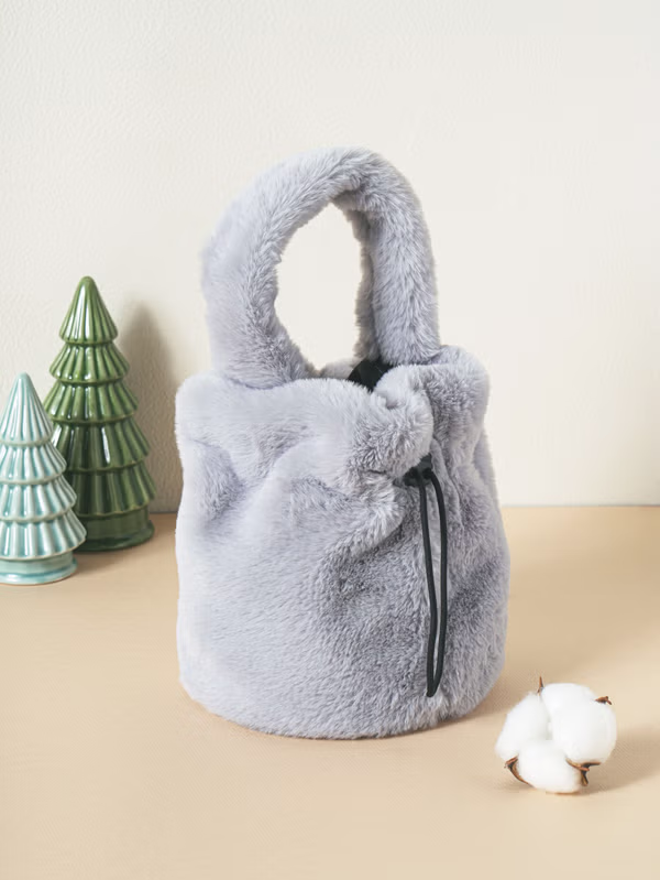 韓國 DAISO - 束口毛絨手提袋灰色♡包包