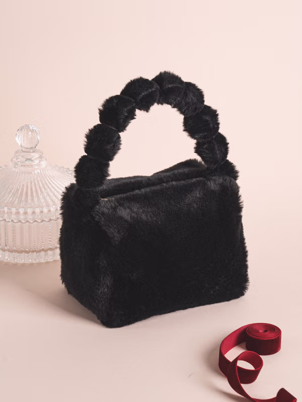 韓國 DAISO - 雲朵手柄毛絨托特包 (黑)♡包包