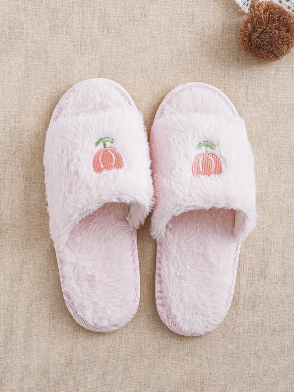 韓國 DAISO - 刺繡點綴毛拖鞋 粉色♡鞋子