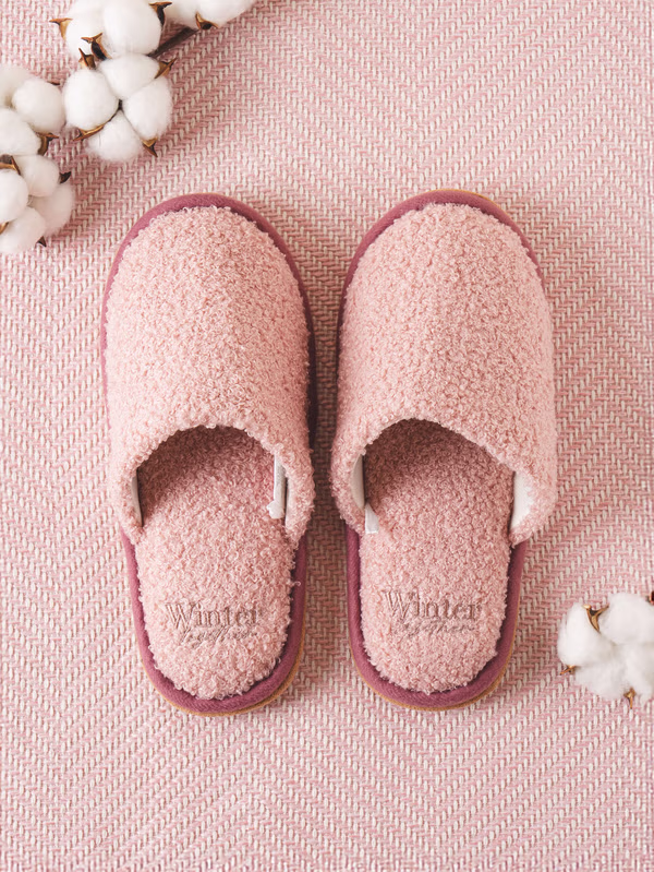 韓國 DAISO - 冬季一起毛絨居家拖鞋 粉紅色♡鞋子