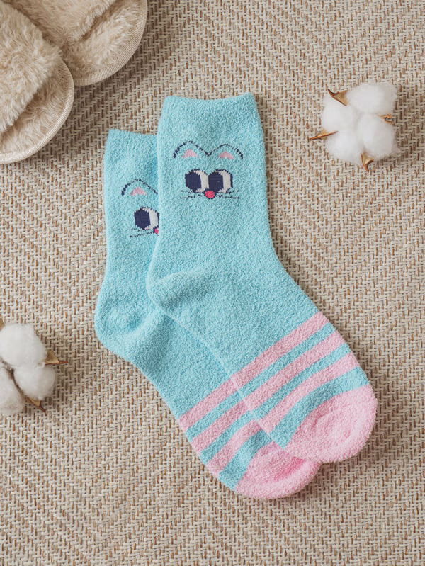 韓國 DAISO - 貓咪睡眠襪藍色♡襪子