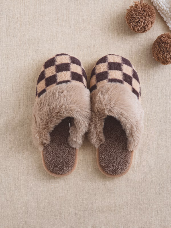 韓國 DAISO - 格紋毛絨居家拖鞋♡鞋子