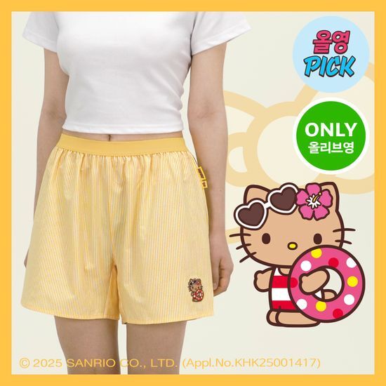 韓國 Olive Young 特別優惠套裝 -  7月限定 Nareun × Sanrio 曬黑系列聯名款 Seersucker 曼紗觸感家居短褲（2色：曬黑Hello Kitty／曬黑Pochacco）