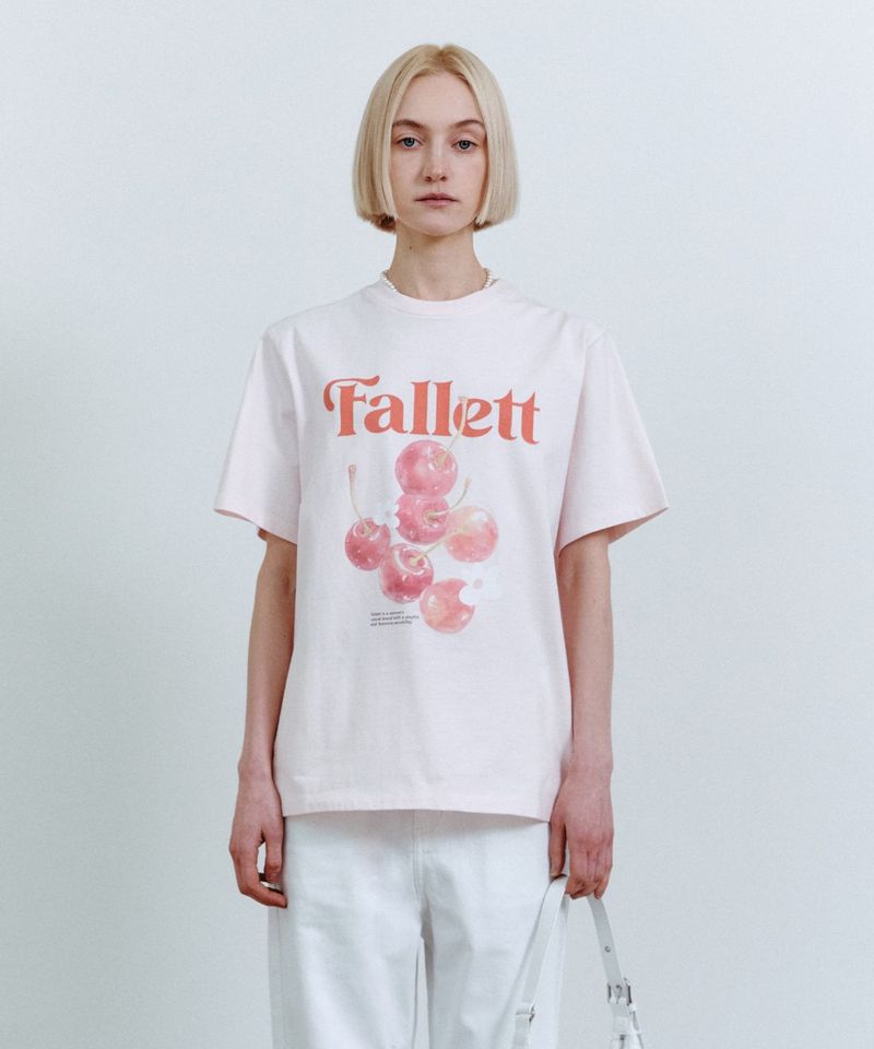 ［韓國限時優惠！］FALLETT - 櫻桃印花寬鬆短袖T恤淺粉色