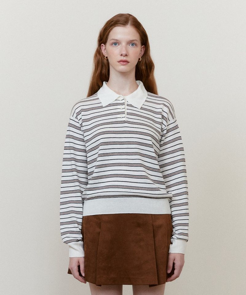 ［韓國限時優惠！］FALLETT - 條紋翻領針織衫象牙色