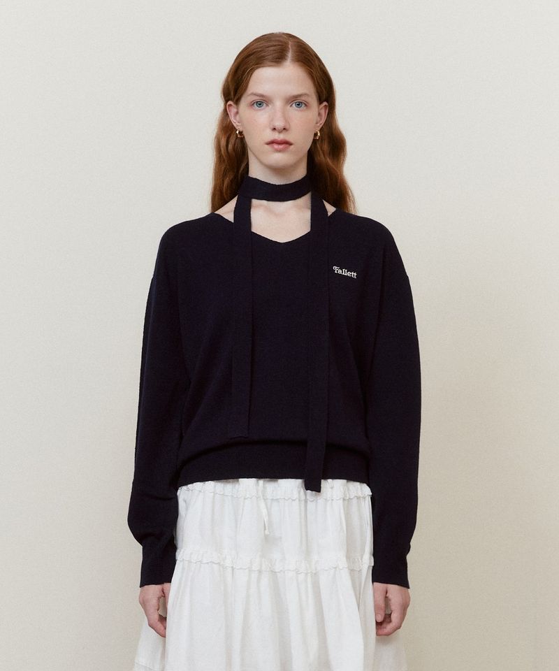 ［韓國限時優惠！］FALLETT - 小故事標誌V領針織衫海軍藍