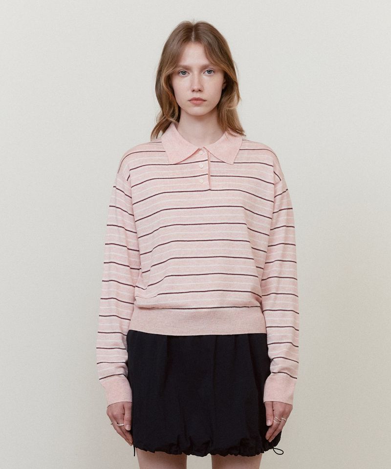 ［韓國限時優惠！］FALLETT - 條紋翻領針織衫粉紅色