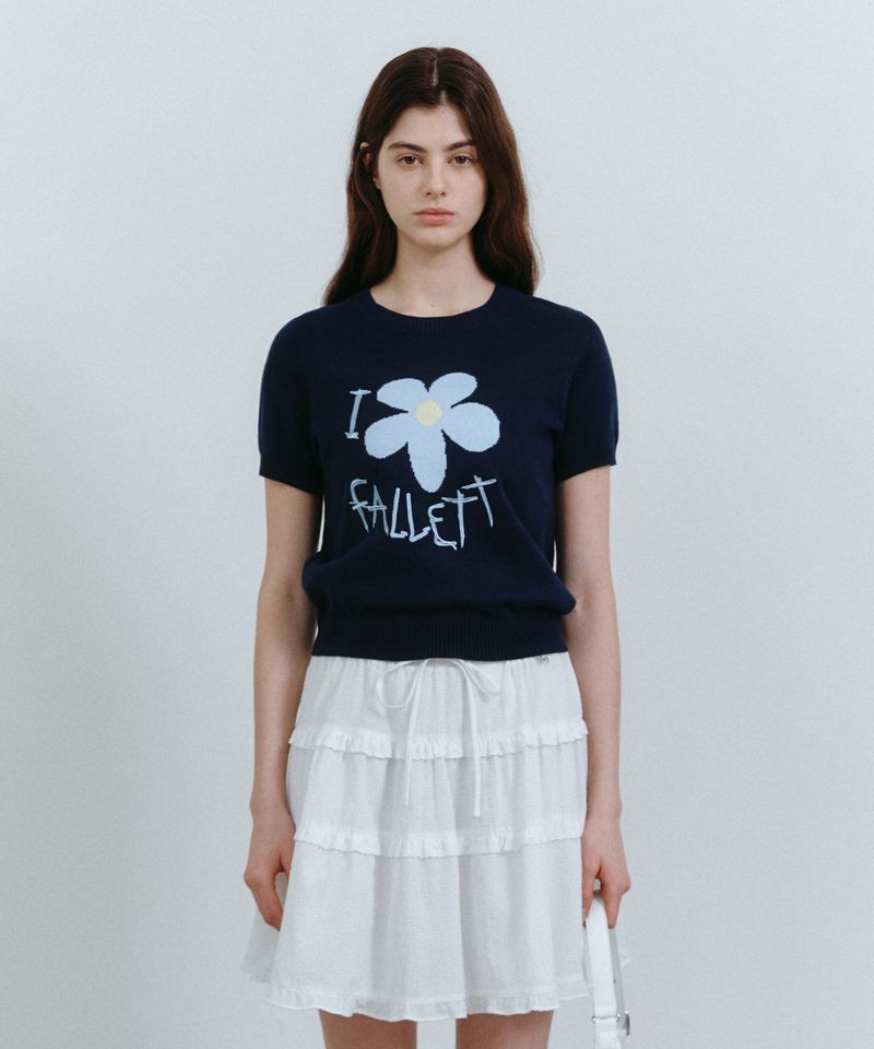 韓國 FALLETT - 繪花短袖毛衣藍色