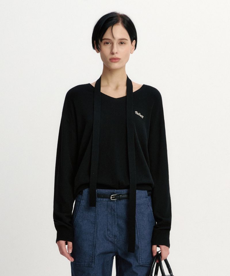 ［韓國限時優惠！］FALLETT - 開衩羊絨V領針織衫黑色