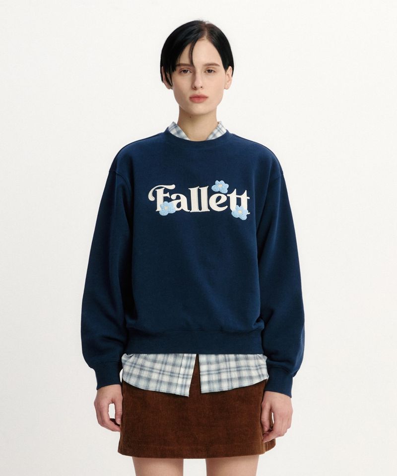 ［韓國限時優惠！］FALLETT - 迷你絨毛花卉長袖T恤深藍