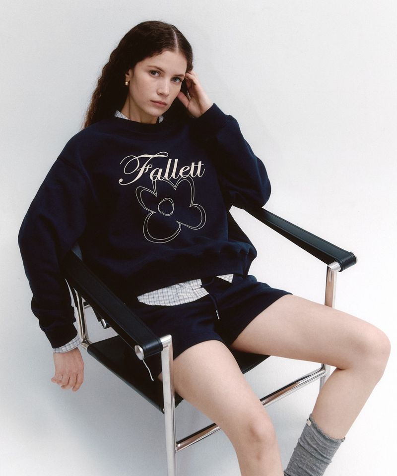 ［韓國限時優惠！］FALLETT - 花卉圖案長袖T恤深藍